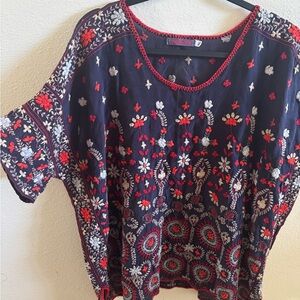 Johnny Was Navy Tunic with Red & White Floral Embroidery Melia Boho